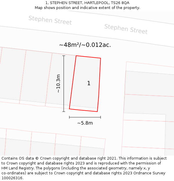 1, STEPHEN STREET, HARTLEPOOL, TS26 8QA: Plot and title map