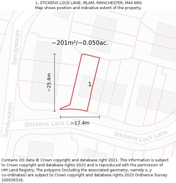 1, STICKENS LOCK LANE, IRLAM, MANCHESTER, M44 6RG: Plot and title map