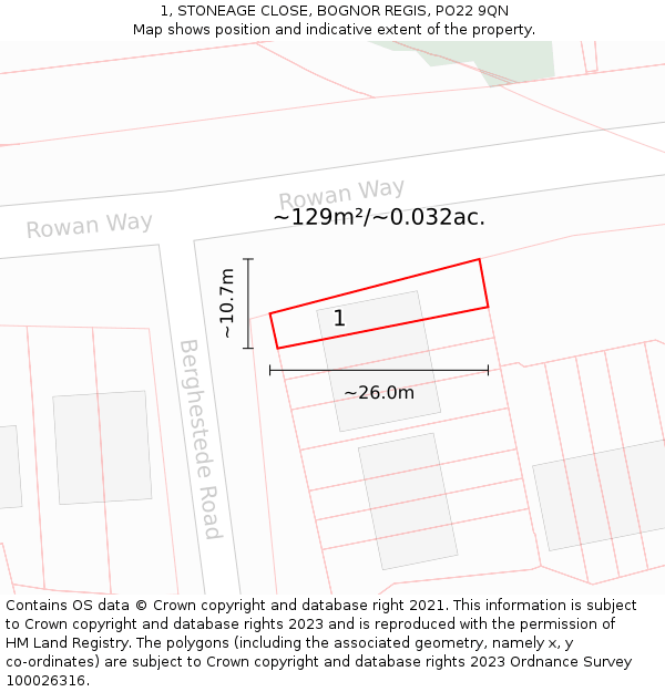 1, STONEAGE CLOSE, BOGNOR REGIS, PO22 9QN: Plot and title map