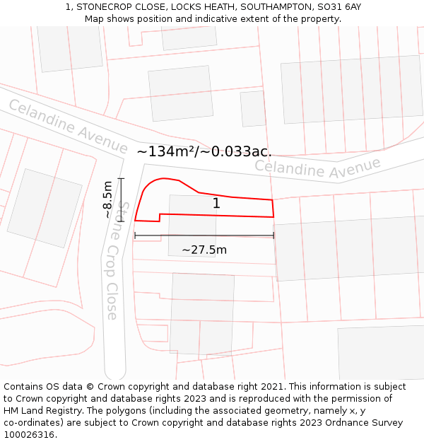 1, STONECROP CLOSE, LOCKS HEATH, SOUTHAMPTON, SO31 6AY: Plot and title map