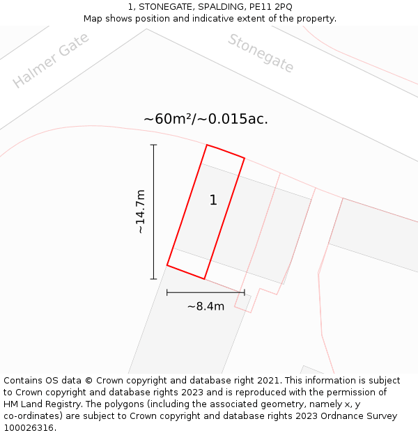 1, STONEGATE, SPALDING, PE11 2PQ: Plot and title map