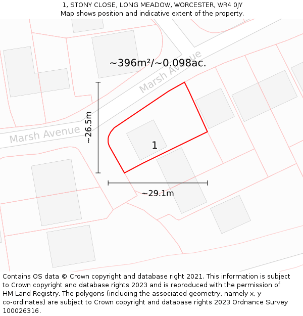 1, STONY CLOSE, LONG MEADOW, WORCESTER, WR4 0JY: Plot and title map