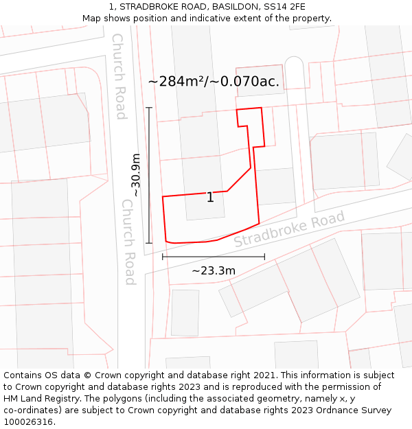 1, STRADBROKE ROAD, BASILDON, SS14 2FE: Plot and title map