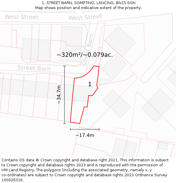 1, STREET BARN, SOMPTING, LANCING, BN15 0GN: Plot and title map