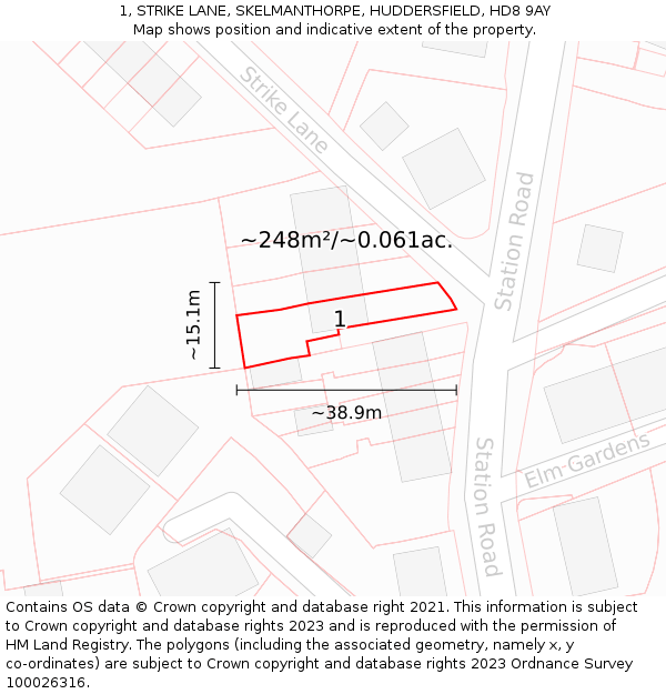 1, STRIKE LANE, SKELMANTHORPE, HUDDERSFIELD, HD8 9AY: Plot and title map