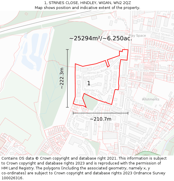 1, STRINES CLOSE, HINDLEY, WIGAN, WN2 2QZ: Plot and title map