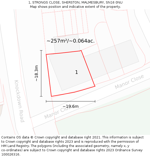 1, STRONGS CLOSE, SHERSTON, MALMESBURY, SN16 0NU: Plot and title map