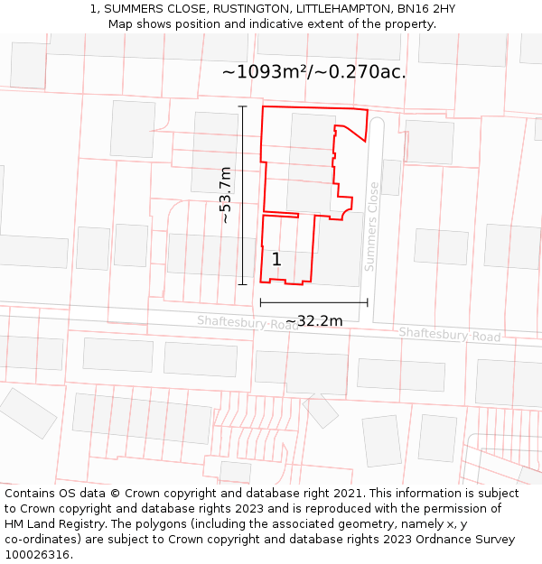 1, SUMMERS CLOSE, RUSTINGTON, LITTLEHAMPTON, BN16 2HY: Plot and title map