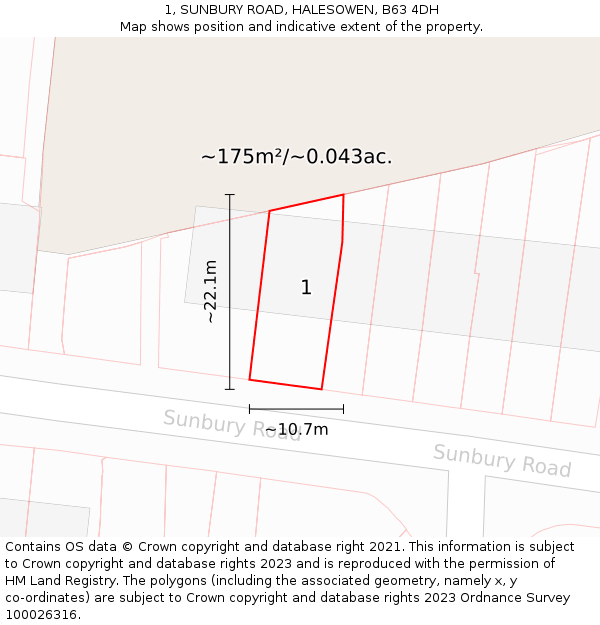 1, SUNBURY ROAD, HALESOWEN, B63 4DH: Plot and title map