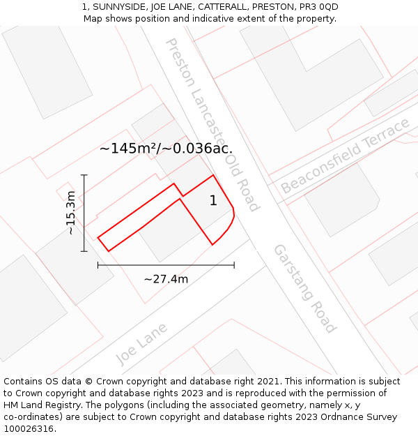1, SUNNYSIDE, JOE LANE, CATTERALL, PRESTON, PR3 0QD: Plot and title map