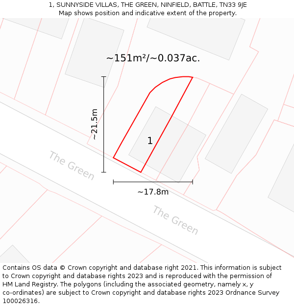 1, SUNNYSIDE VILLAS, THE GREEN, NINFIELD, BATTLE, TN33 9JE: Plot and title map