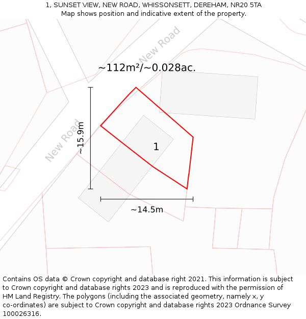 1, SUNSET VIEW, NEW ROAD, WHISSONSETT, DEREHAM, NR20 5TA: Plot and title map