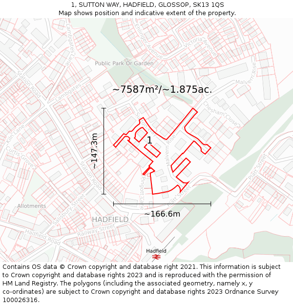 1, SUTTON WAY, HADFIELD, GLOSSOP, SK13 1QS: Plot and title map