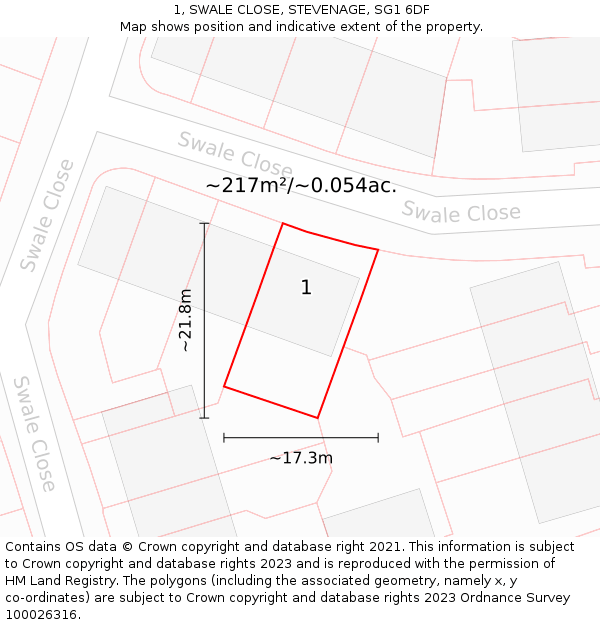 1, SWALE CLOSE, STEVENAGE, SG1 6DF: Plot and title map