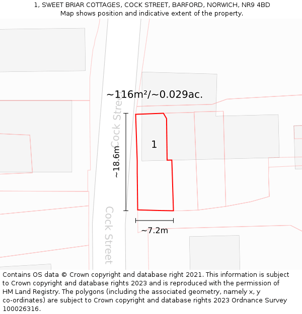 1, SWEET BRIAR COTTAGES, COCK STREET, BARFORD, NORWICH, NR9 4BD: Plot and title map