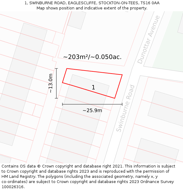 1, SWINBURNE ROAD, EAGLESCLIFFE, STOCKTON-ON-TEES, TS16 0AA: Plot and title map
