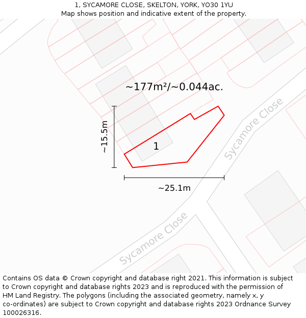 1, SYCAMORE CLOSE, SKELTON, YORK, YO30 1YU: Plot and title map