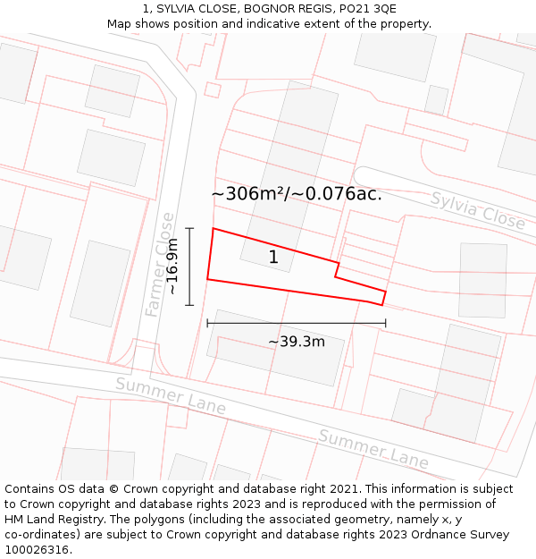 1, SYLVIA CLOSE, BOGNOR REGIS, PO21 3QE: Plot and title map