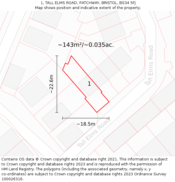 1, TALL ELMS ROAD, PATCHWAY, BRISTOL, BS34 5FJ: Plot and title map