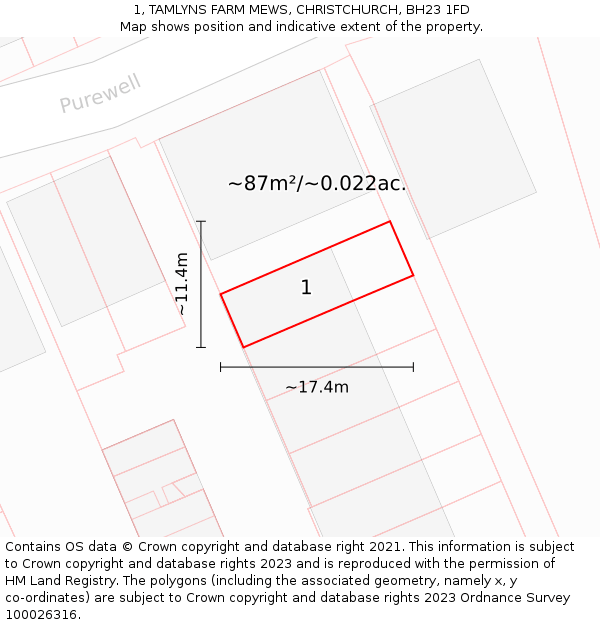 1, TAMLYNS FARM MEWS, CHRISTCHURCH, BH23 1FD: Plot and title map
