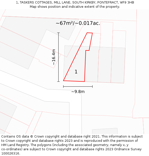 1, TASKERS COTTAGES, MILL LANE, SOUTH KIRKBY, PONTEFRACT, WF9 3HB: Plot and title map