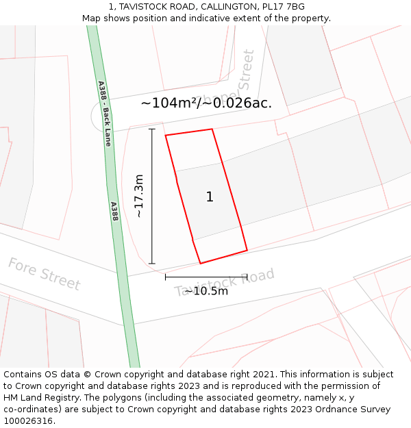 1, TAVISTOCK ROAD, CALLINGTON, PL17 7BG: Plot and title map
