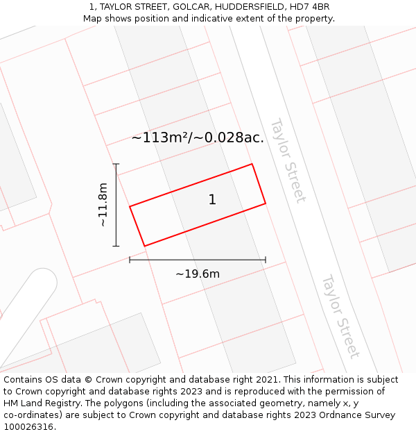 1, TAYLOR STREET, GOLCAR, HUDDERSFIELD, HD7 4BR: Plot and title map