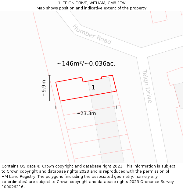 1, TEIGN DRIVE, WITHAM, CM8 1TW: Plot and title map