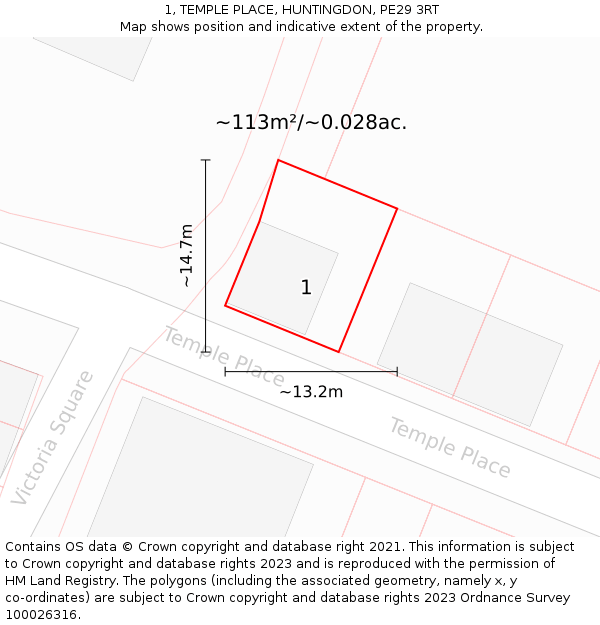 1, TEMPLE PLACE, HUNTINGDON, PE29 3RT: Plot and title map