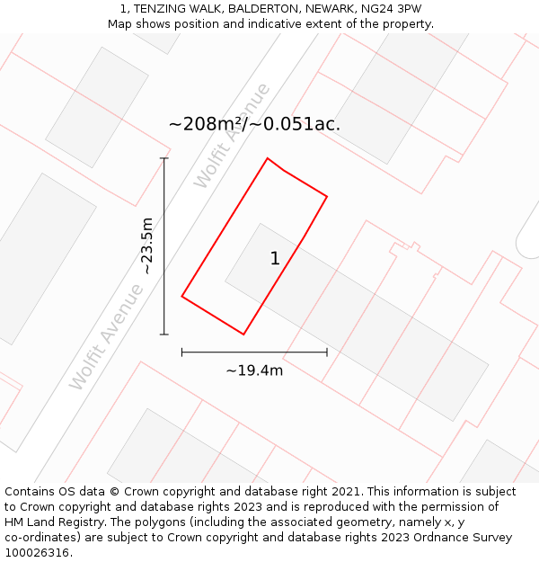 1, TENZING WALK, BALDERTON, NEWARK, NG24 3PW: Plot and title map