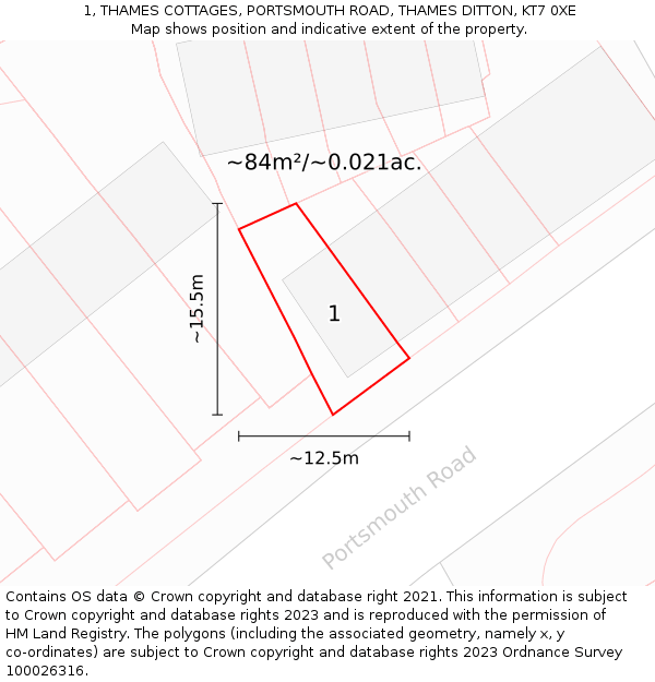 1, THAMES COTTAGES, PORTSMOUTH ROAD, THAMES DITTON, KT7 0XE: Plot and title map