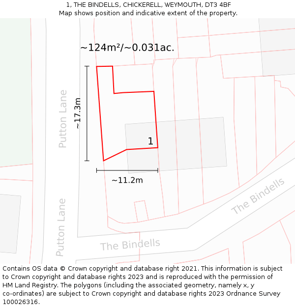 1, THE BINDELLS, CHICKERELL, WEYMOUTH, DT3 4BF: Plot and title map
