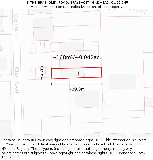 1, THE BRAE, GLEN ROAD, GRAYSHOTT, HINDHEAD, GU26 6NF: Plot and title map