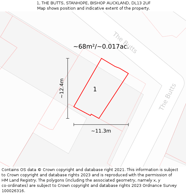 1, THE BUTTS, STANHOPE, BISHOP AUCKLAND, DL13 2UF: Plot and title map