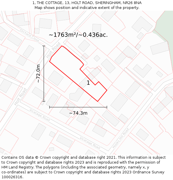 1, THE COTTAGE, 13, HOLT ROAD, SHERINGHAM, NR26 8NA: Plot and title map