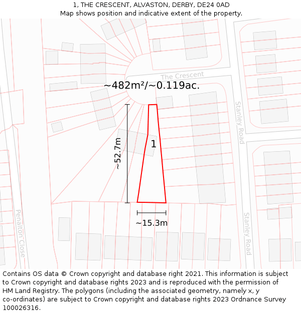 1, THE CRESCENT, ALVASTON, DERBY, DE24 0AD: Plot and title map
