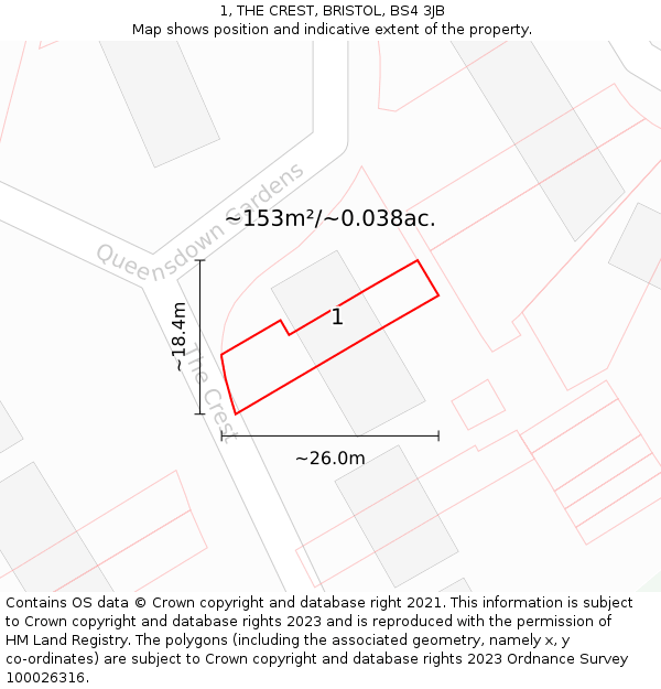 1, THE CREST, BRISTOL, BS4 3JB: Plot and title map