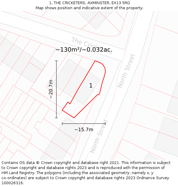 1, THE CRICKETERS, AXMINSTER, EX13 5RG: Plot and title map