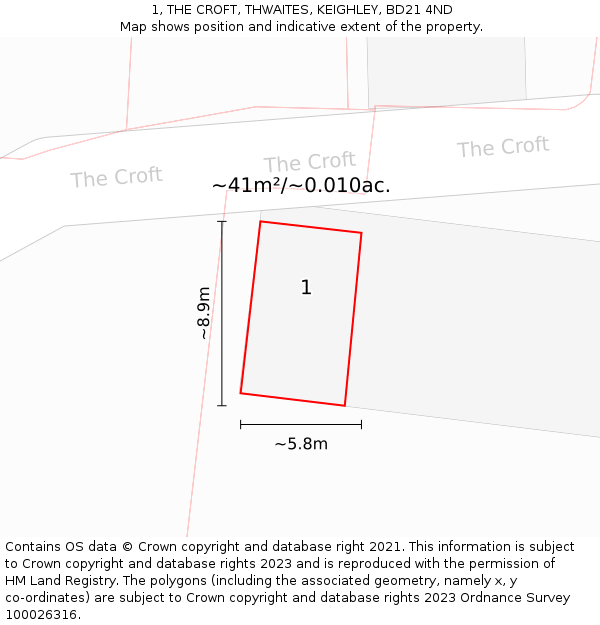 1, THE CROFT, THWAITES, KEIGHLEY, BD21 4ND: Plot and title map