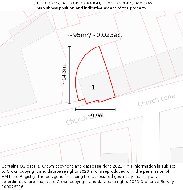 1, THE CROSS, BALTONSBOROUGH, GLASTONBURY, BA6 8QW: Plot and title map