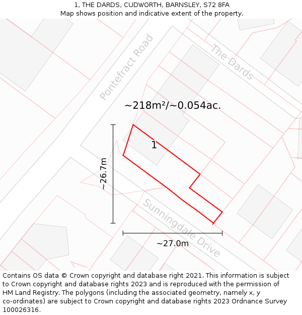 1, THE DARDS, CUDWORTH, BARNSLEY, S72 8FA: Plot and title map