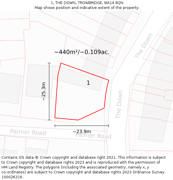 1, THE DOWN, TROWBRIDGE, BA14 8QN: Plot and title map