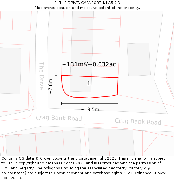 1, THE DRIVE, CARNFORTH, LA5 9JD: Plot and title map