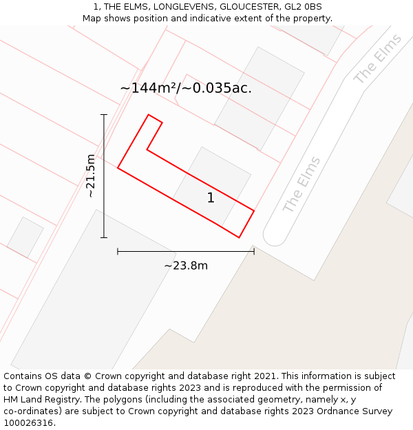 1, THE ELMS, LONGLEVENS, GLOUCESTER, GL2 0BS: Plot and title map