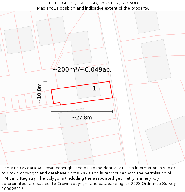 1, THE GLEBE, FIVEHEAD, TAUNTON, TA3 6QB: Plot and title map