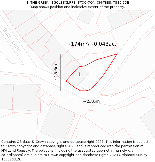 1, THE GREEN, EGGLESCLIFFE, STOCKTON-ON-TEES, TS16 9DB: Plot and title map