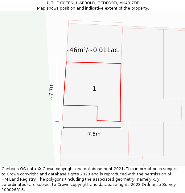 1, THE GREEN, HARROLD, BEDFORD, MK43 7DB: Plot and title map