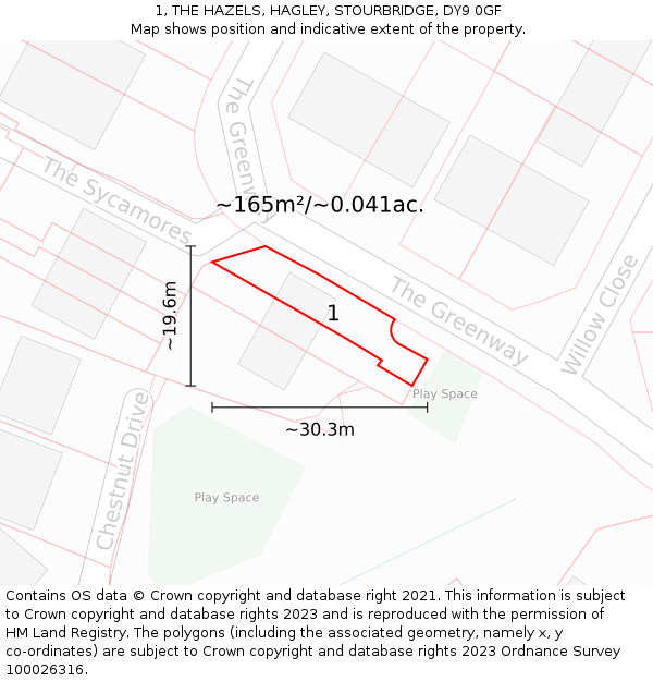 1, THE HAZELS, HAGLEY, STOURBRIDGE, DY9 0GF: Plot and title map