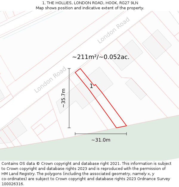 1, THE HOLLIES, LONDON ROAD, HOOK, RG27 9LN: Plot and title map