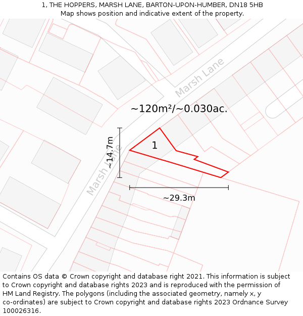 1, THE HOPPERS, MARSH LANE, BARTON-UPON-HUMBER, DN18 5HB: Plot and title map
